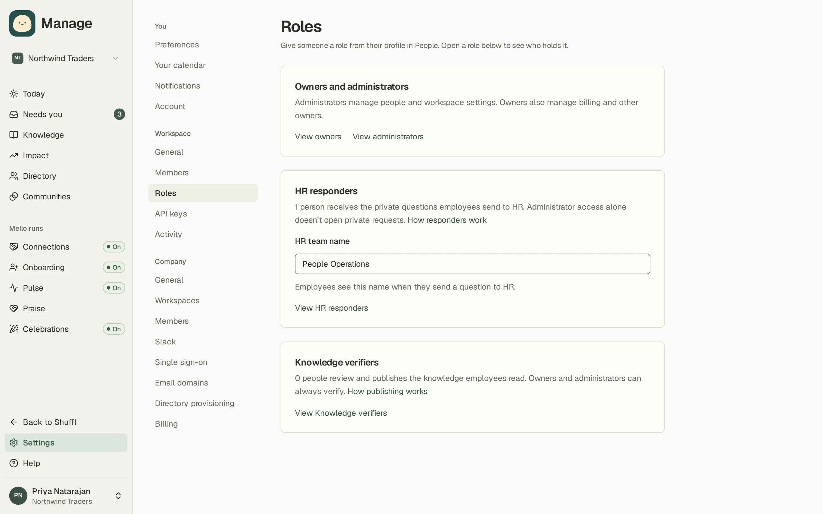 The Roles settings page: cards for owners and administrators, HR responders with the HR team name, and Knowledge verifiers, each with a link to view who holds the role.