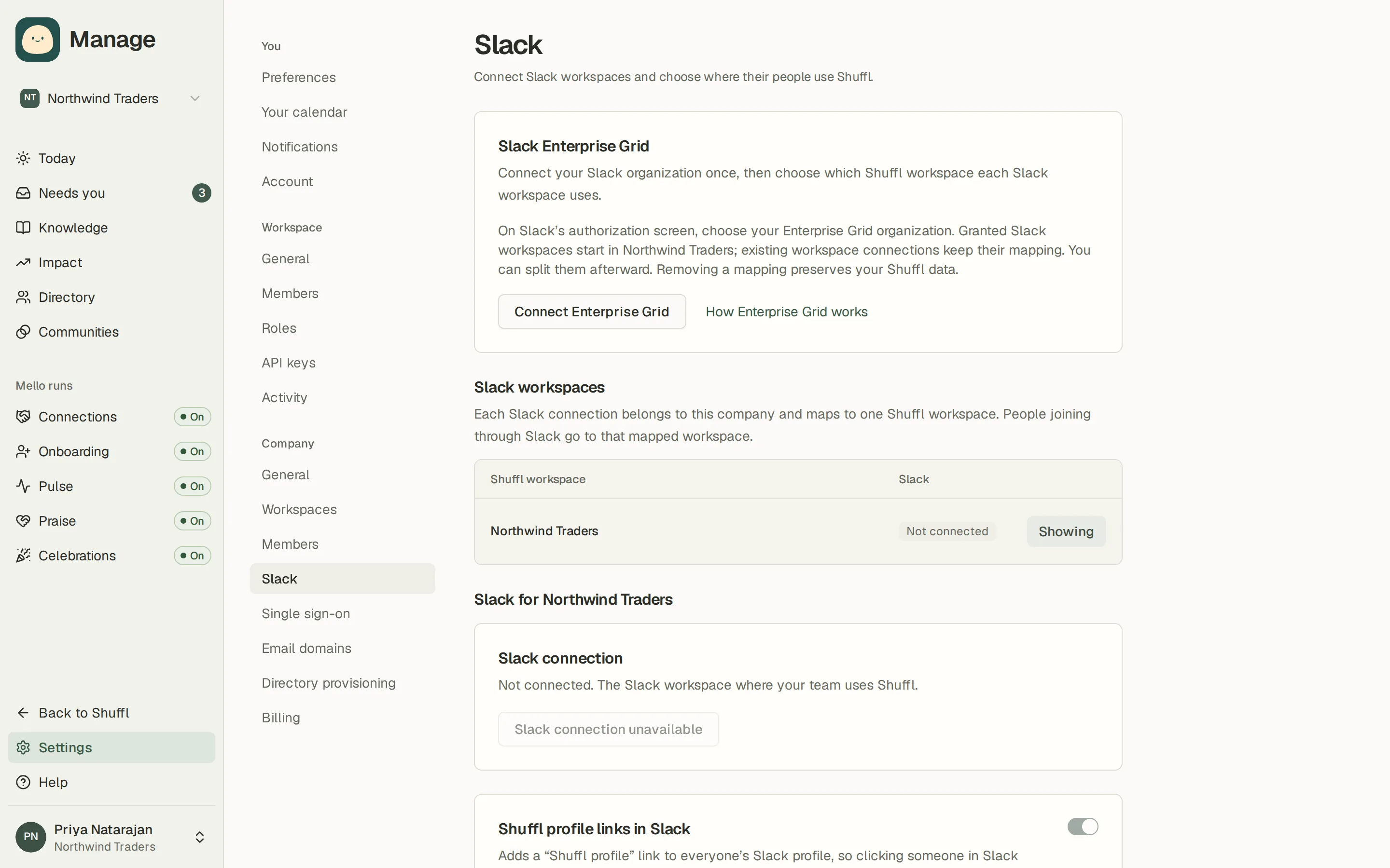 Company settings for Slack, with a Shuffl workspace picker, its connection state and controls for welcome messages, profile links and sign-in access.