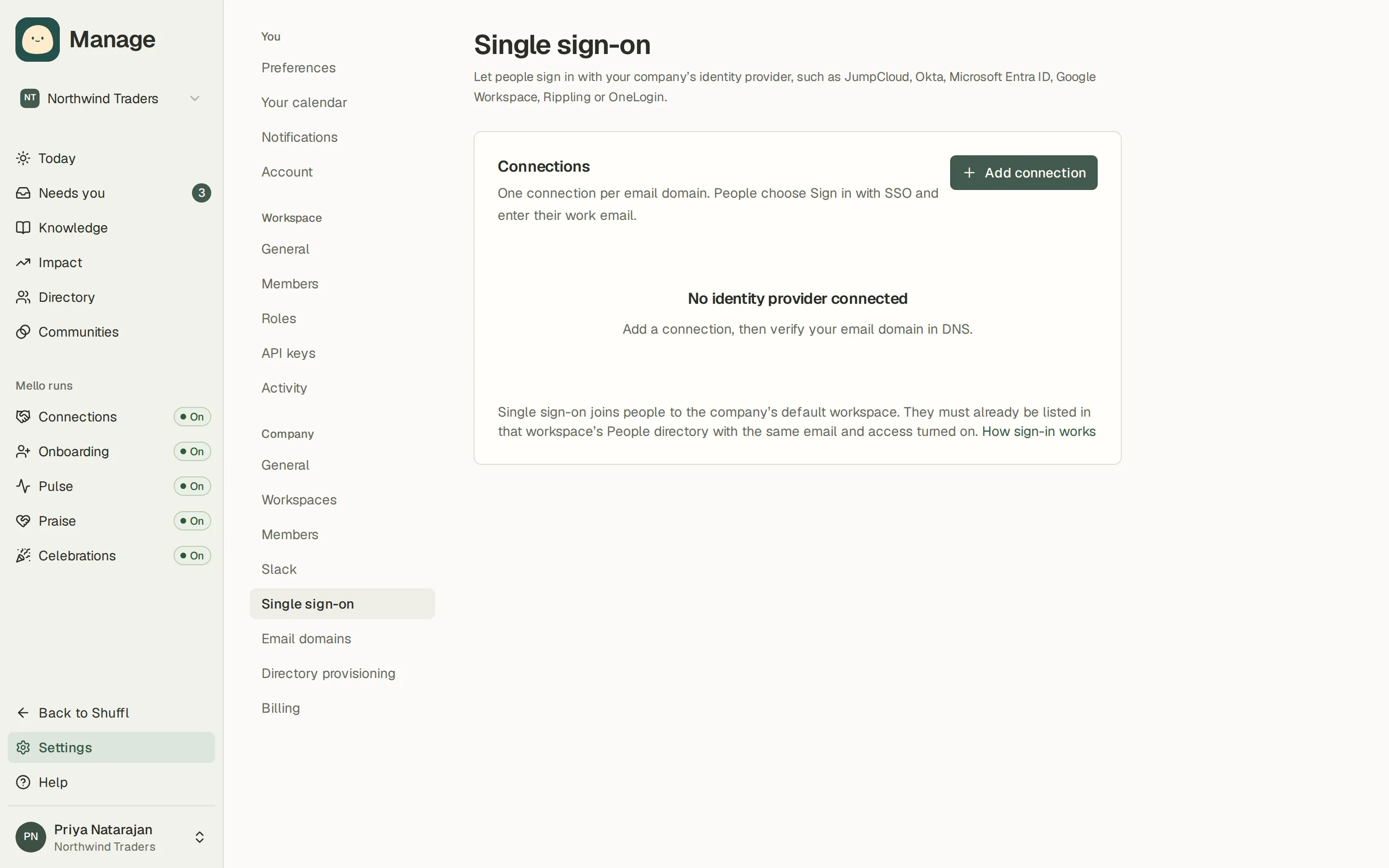 The Single sign-on settings page: a connections list with Add connection, a DNS verification card and the identity provider values Shuffl expects, such as the redirect URI and metadata URL.