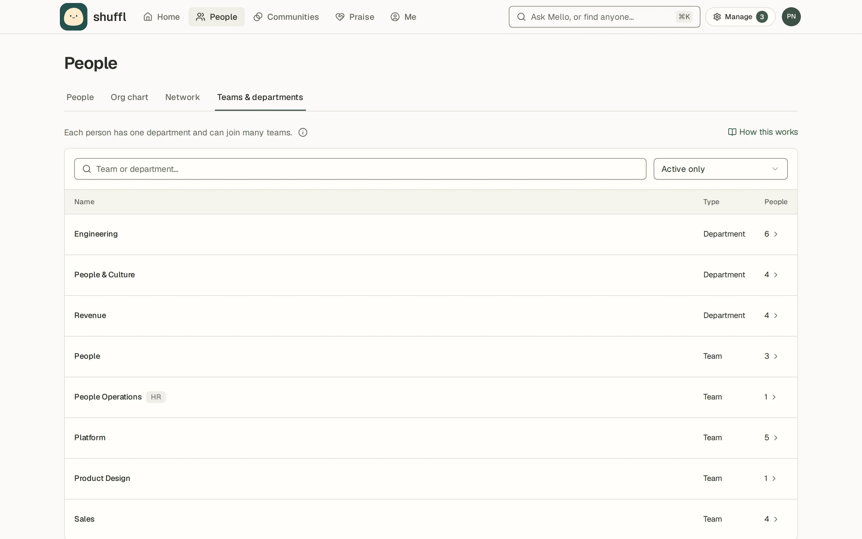 The Teams & departments tab: departments such as Engineering, Revenue and People & Culture with their teams and headcounts, each row opening People filtered to that group.